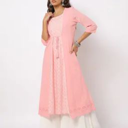 Printed A-line Kurta with Schiffli Jacket-image-18