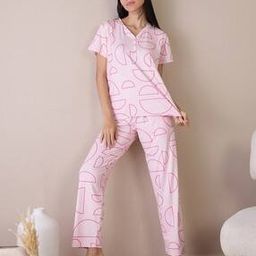 Women Printed V-Neck T-Shirt & Pyjamas Set-image-1
