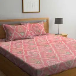Floral Printed Cotton Blend Double King Size Fitted Bedsheet with 2 Pillow Covers-36