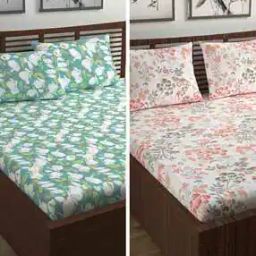 Set of 2 Floral Print Double Bedsheets with Pillow Covers-image-26