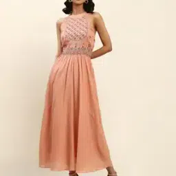 Embroidered Halter-Neck Fit & Flare Dress-image-16