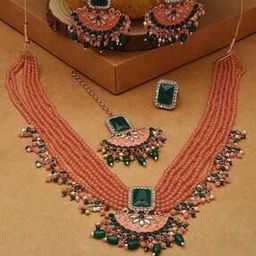 Gold-Plated Stone-Studded Necklace & Earrings Set-9