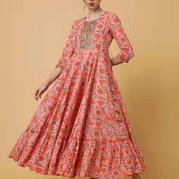 gulmohar jaipur Floral Print Round-Neck Flared Kurta-picture-4
