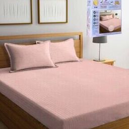 Peach Striped Cotton Blend King Size Fitted Packing Double Bedsheet with 2 Pillow Covers-image-4