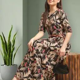 Women Leaf Print Fit & Flare Dress with Belt-image-13
