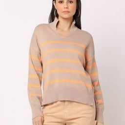 Striped Sweater with Notched Collar-image-98