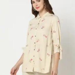 Printed Relaxed Fit Tunic with Tie-Up Sleeves-image-76