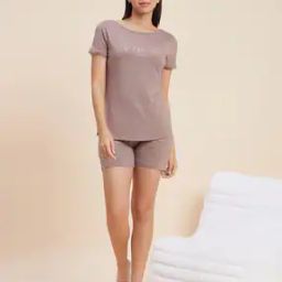 Women Typographic Print Round-Neck T-Shirt with Shorts-image-17