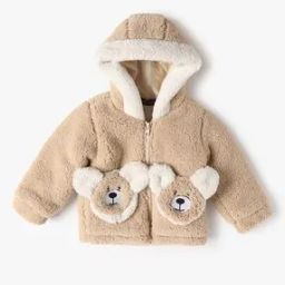 Girls Regular Fit Fur Hooded Jacket with Teddy Applique-picture-7