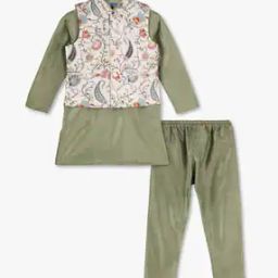 Boys Kurta Pyjama Set with Printed Jacket-image-9