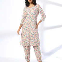 Women Leaf Print Straight Kurta with Salwar Set-image-42