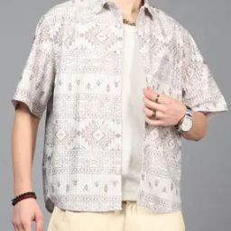 Shein Spread Collar Tribal Print Textured Shirt-image-60