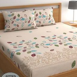180 TC Leaf Print Double Fitted Bedsheet with Pillow Covers-13
