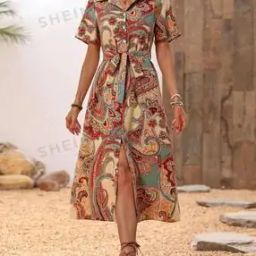 Women Paisley Print A-Line Dress with Tie-Up Waist Belt-image-8