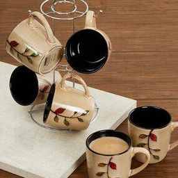 Set of 6 Leaf Print Coffee Mug with Metal Stand-8