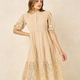 Women A-Line Tiered Midi Dress With Puff Sleeves-image-48