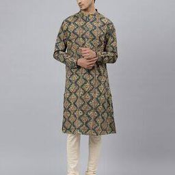 Geometric Print Long Kurta with Mandarin Collar-image-23