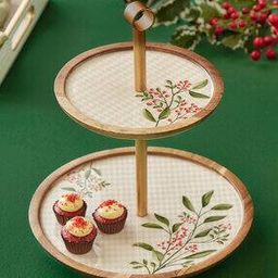 Corsica Noel Leaf Print Mango Wood Cake Stand-image-0