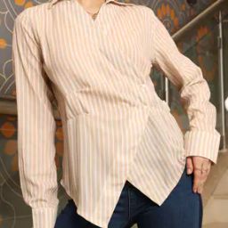 Shein Spread Collar Wrap Style Handkerchief Hem Shirt-image-40