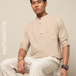Checked Woven South Cotton Short Kurta with Roll-Up Sleeves & Side Pocket-image-97