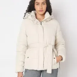 Women Regular Fit Hooded Puffer Jacket with Belt-image-33