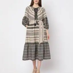 Women Geometric Print Fit & Flare Dress with Tie-Up Waist-image-80