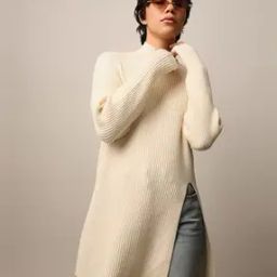 Women Ribbed High-Neck Pullover with Side-Slit-image-78