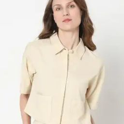 Women Boxy Fit Crop Shirt with Patch Pockets-image-36