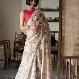 Floral Print Cotton Saree with Tassels-image-12