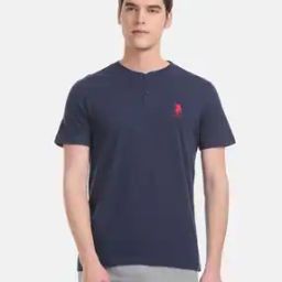 Regular Fit Cotton Henley T-Shirt with Logo Print-picture-17