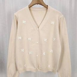 Women V-Neck Cardigan with Bow Applique-picture-34