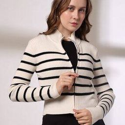 Women Striped Regular Fit Zip-Front Sweater-image-52