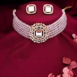 Women Stone-Studded Necklace & Earings Set-image-90