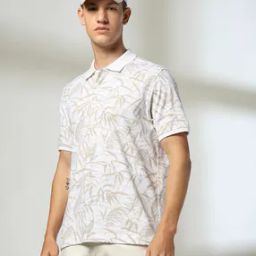 Men Leaf Print Slim Fit Popcorn Structured Polo T-Shirt-image-43