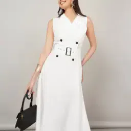 Women Belted Notch Lapel Neck Blazer Midi Dress-image-17