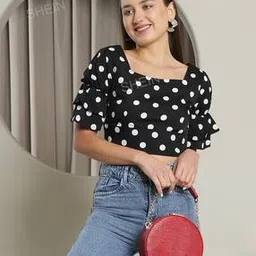 Shein Casual Square Neck Short Tiered Sleeves Polka-dotCrop Top-image-59