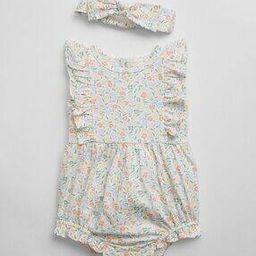 Floral Print Cotton Rompers & Hairband Set-image-85