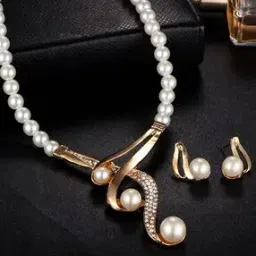 Stone-Studded & Pearl-Beaded Necklace & Earrings Set-13