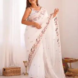 Women Embroidered Saree with Scalloped Border-image-12