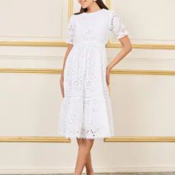 Women Short Sleeves Crochet A-Line Midi Dress-image-1