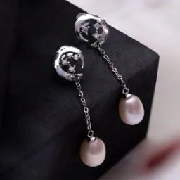 Women Hanging Moon Pearl Sterling Silver Dangler Earrings-image-55