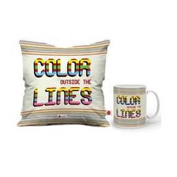 Holi Special Color Outside The Lines Quote Colourful Lines Border White Mug and Cushion Cover-image-5