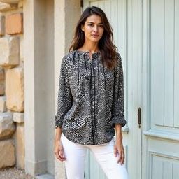 Shein Casual Animal Pattern Black Color Cuffed Sleeves Medium Length Stylised Mandarin Neckline Full-length Top-image-20