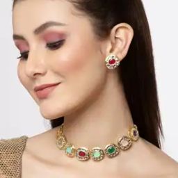 Gold-Plated Stone-Studded Necklace & Earrings Set-30