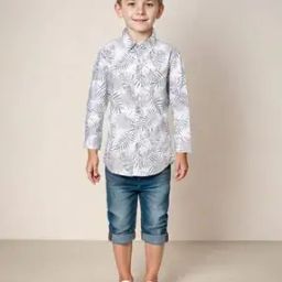 Boys Leaf Print Regular Fit Shirt with Patch Pocket-image-63