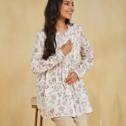 Women Tropical Print Tunic with Pintucks-image-56