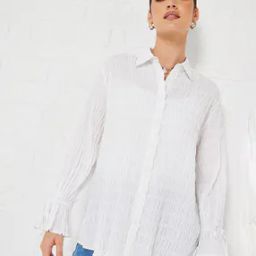 Women Textured Oversized Longline Shirt with Buttons-image-5