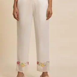 Women Cotton Pants with Embroidered Mesh Hemline-image-4