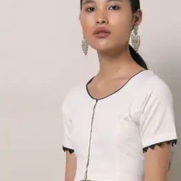 Cotton Front-Open Blouse with Tie-Up Scallop Trim-picture-22