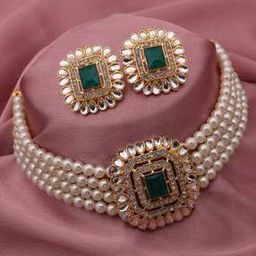 Women Stone-Studded Pearl-Beaded Necklace & Earrings Set-17